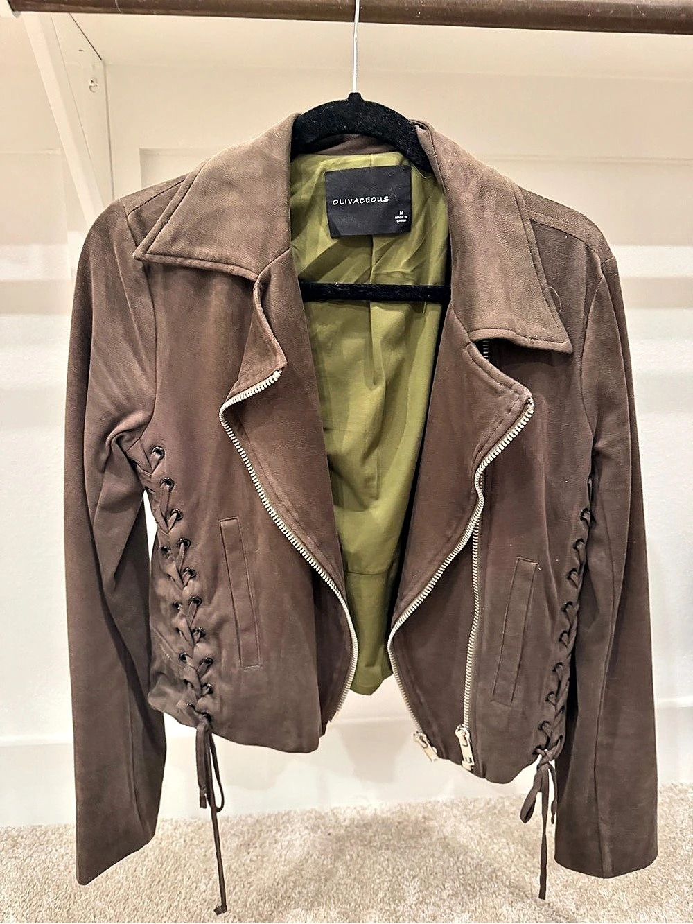 Olivaceous Faux Suede Lace-Up Moto Jacket Brown & Green Medium